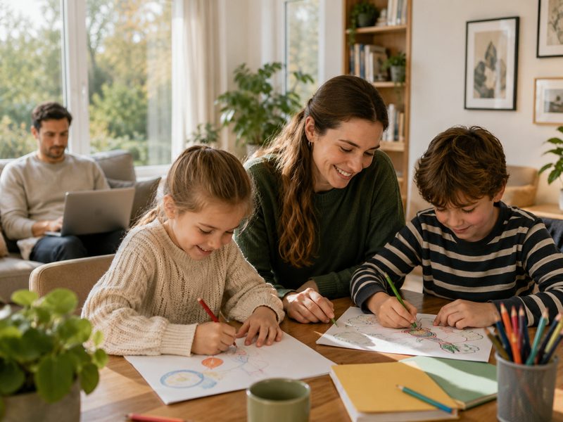 Oppas met twee tekenende kinderen aan tafel, ouder werkt rustig op de achtergrond